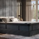 Puffy Monarch mattress set up in a room on a bed frame